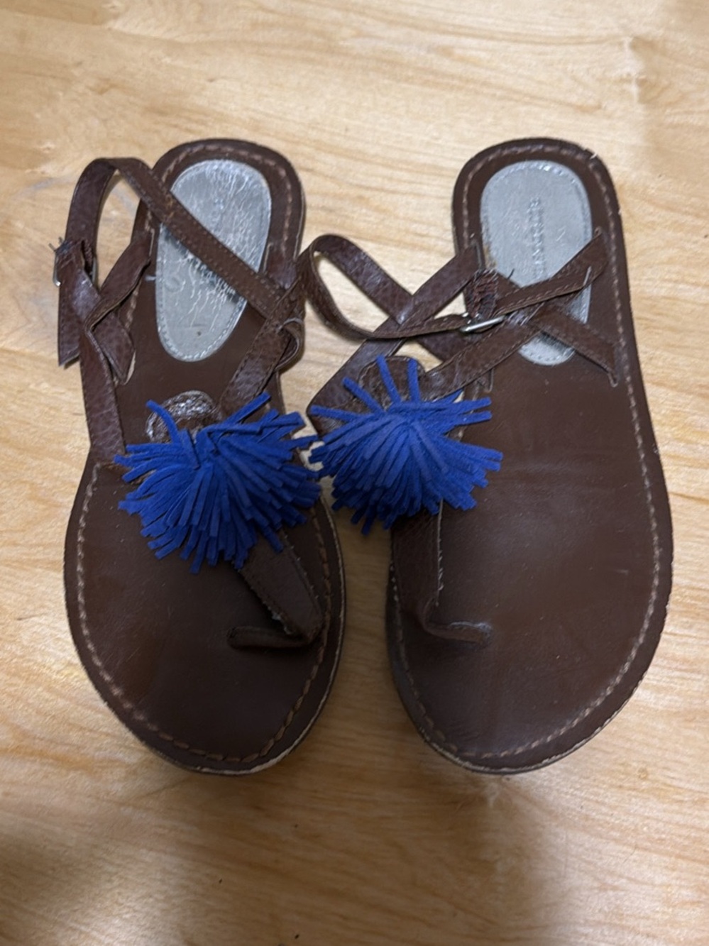 Brown Leather Sandals with Blue Pom-Pom Accent